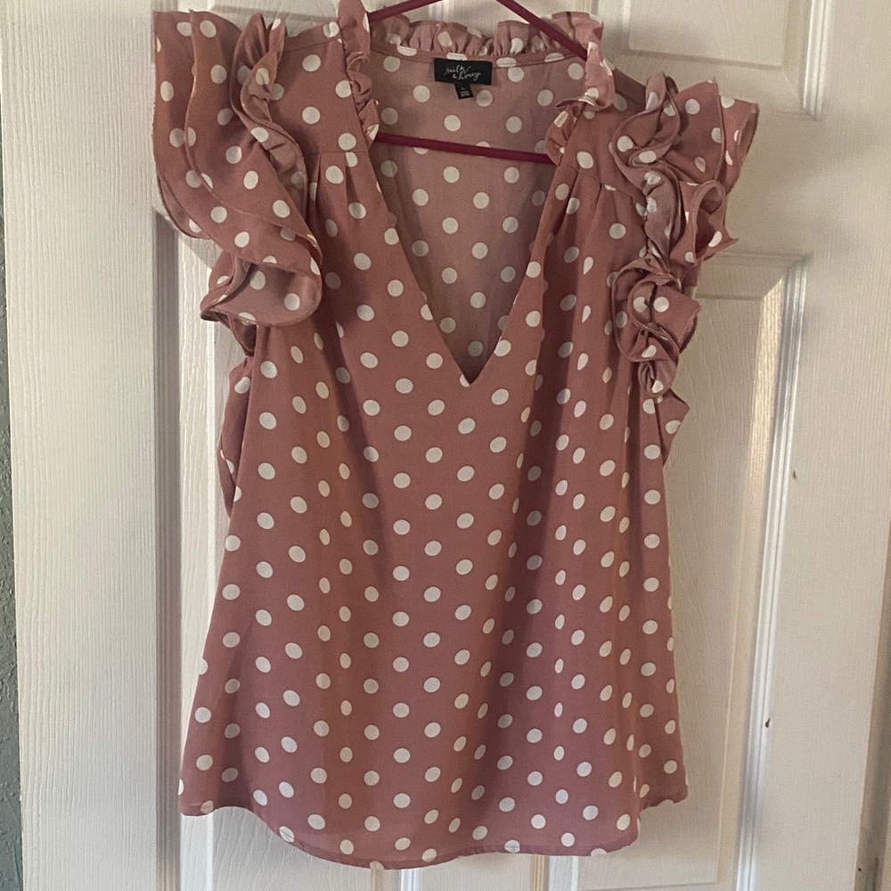 Altar'd State Dusty Pink Polka Dot Ruffle Blouse